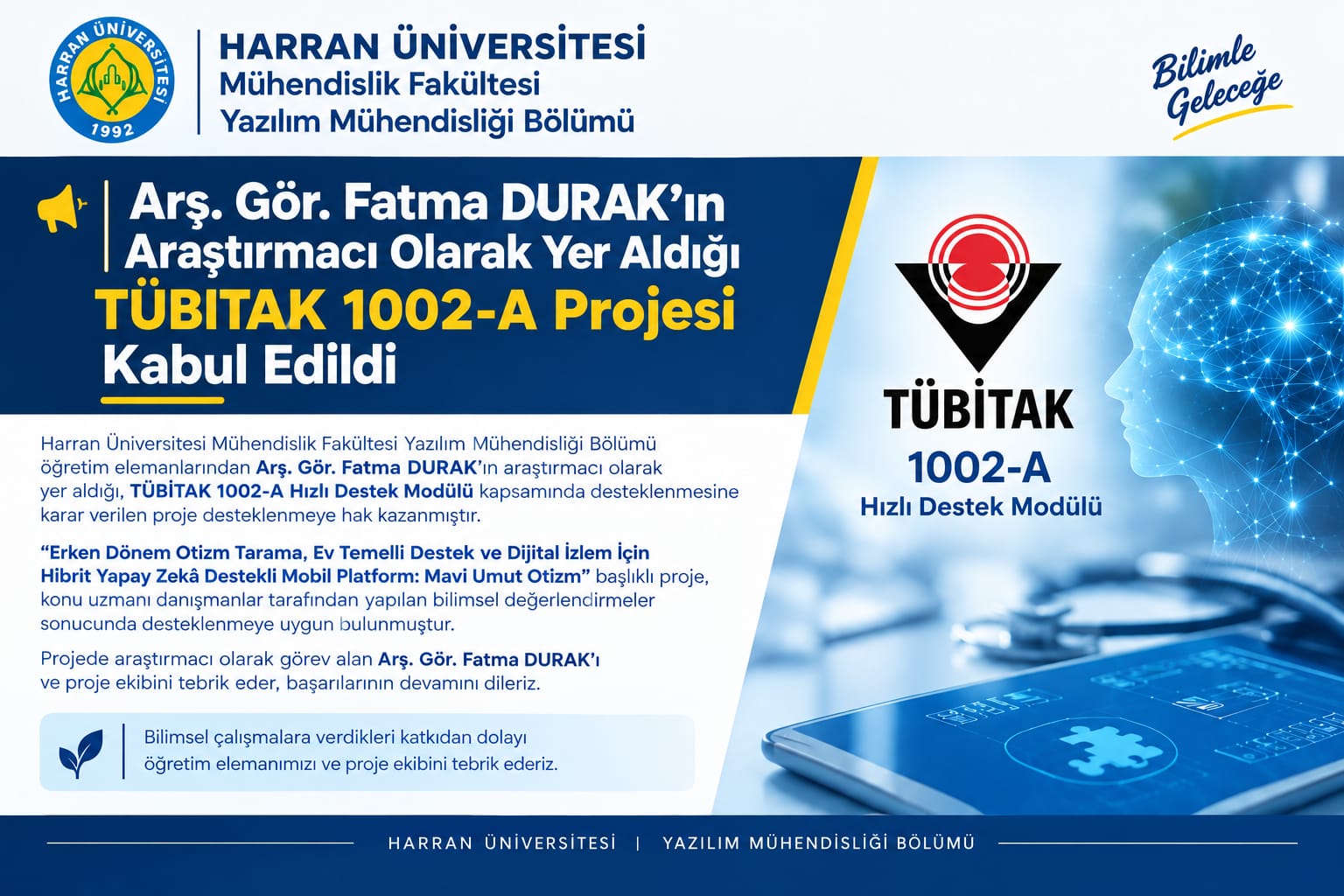 YAZILIM MÜHENDİSLİĞİ BÖLÜMÜMÜZDEN TÜBİTAK BAŞARISI